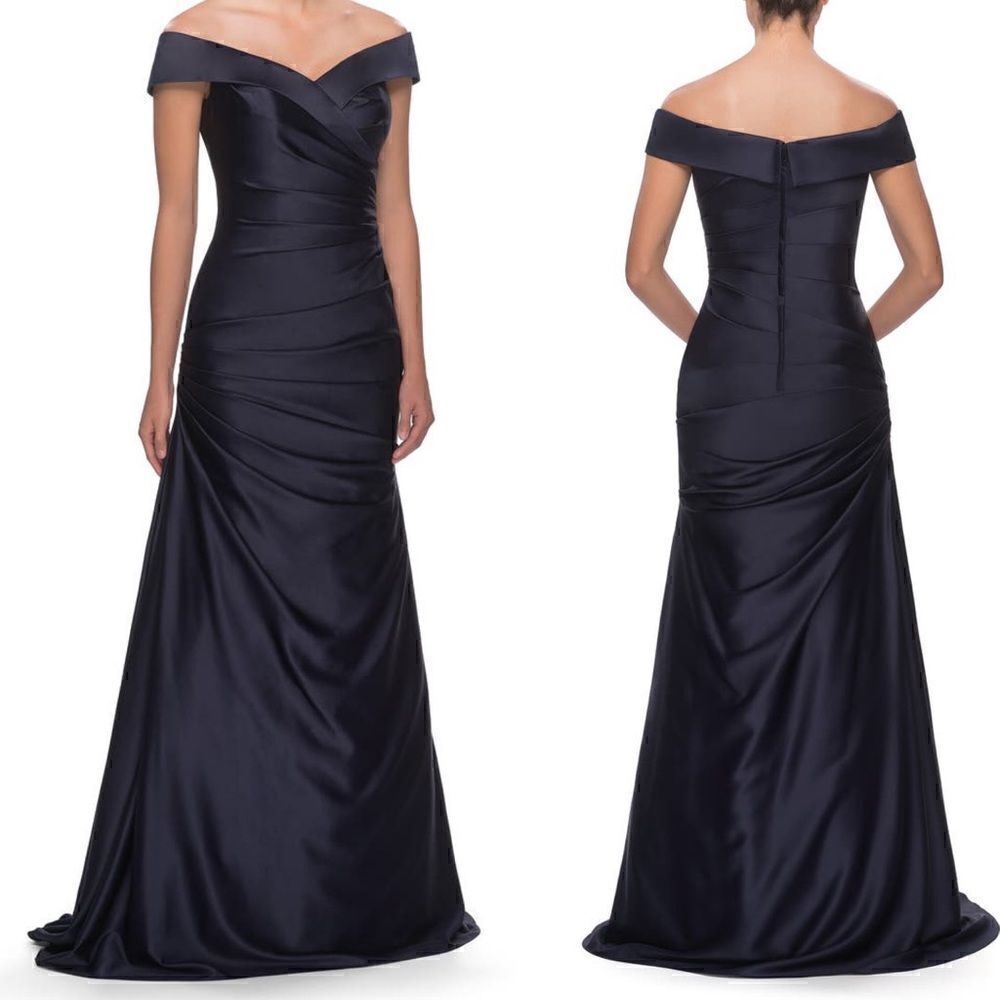 La Femme navy blue Off the Shoulder Ruched Satin Trumpet Gown 8